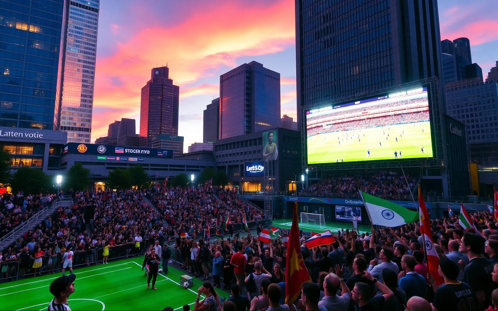 Soccer fan zone with giant screen and international flags at dusk in a downtown city