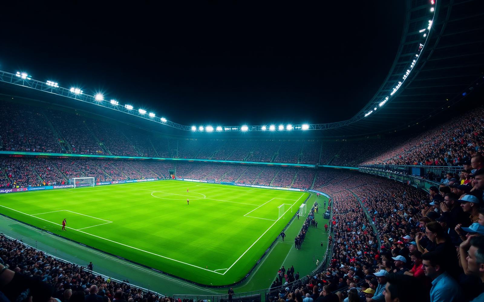 Floodlit international soccer stadium packed with fans on a match night